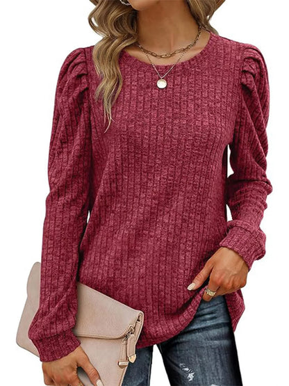 Blueberi B Ribbed Knit Top with Puff Sleeves Acrylic Spandex Sizes S-2XL