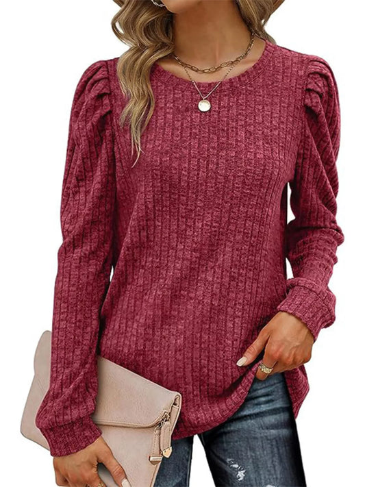 Blueberi B Ribbed Knit Top with Puff Sleeves Acrylic Spandex Sizes S-2XL