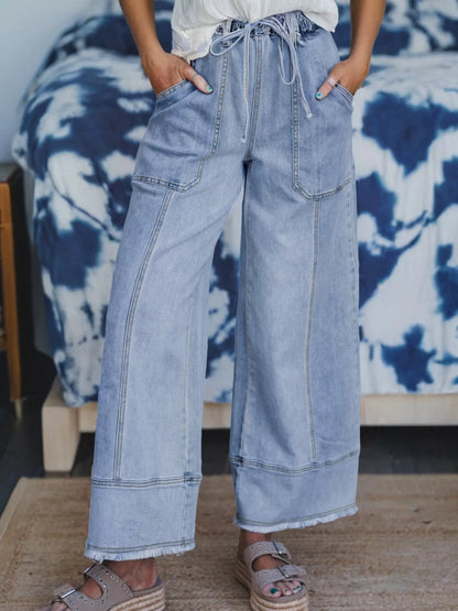 Blueberi B Wide Leg Drawstring Raw Hem Jeans - Cotton Polyester Elastane Women's Sizes 4-16