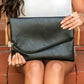 Soft Vegan PU Leather 100% Polyester Lined Fold-Over Envelope Clutch with D-Ring & Wristlet | 12.75" x 9.25"