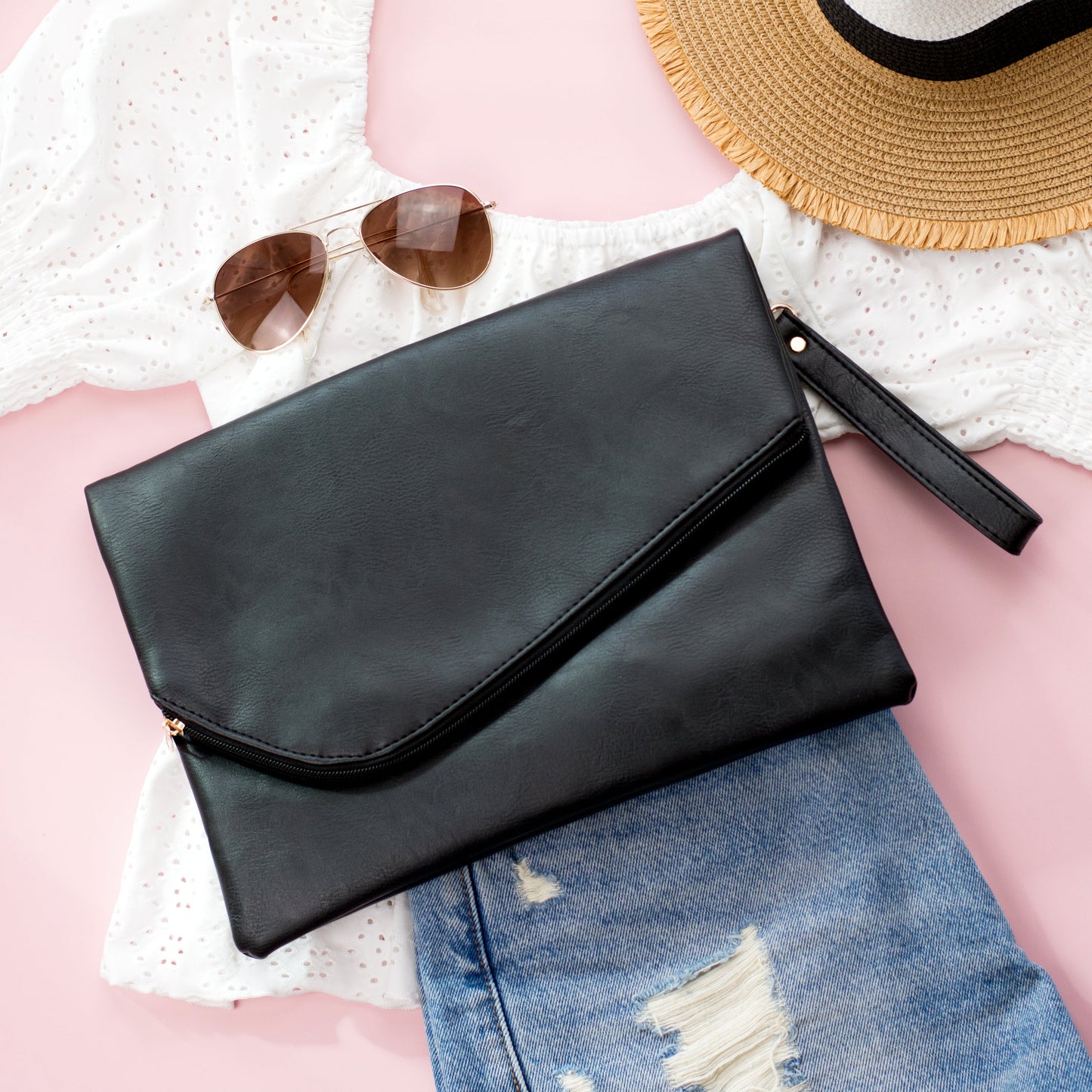 Soft Vegan PU Leather 100% Polyester Lined Fold-Over Envelope Clutch with D-Ring & Wristlet | 12.75" x 9.25"