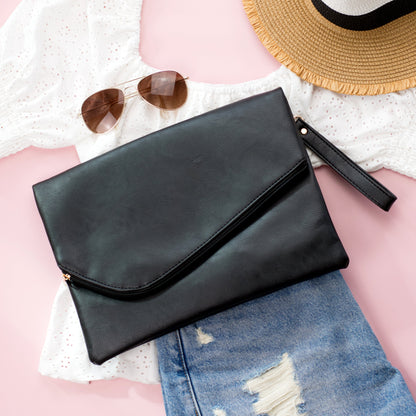 Soft Vegan PU Leather 100% Polyester Lined Fold-Over Envelope Clutch with D-Ring & Wristlet | 12.75" x 9.25"