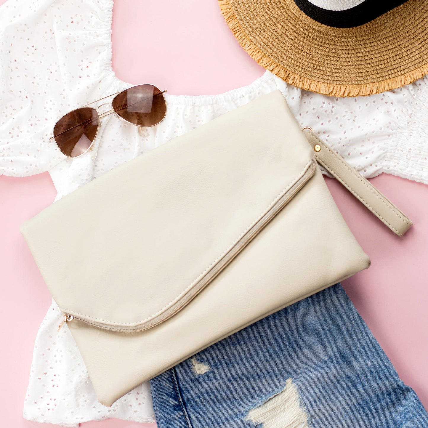 Soft Vegan PU Leather 100% Polyester Lined Fold-Over Envelope Clutch with D-Ring & Wristlet | 12.75" x 9.25"