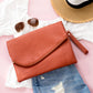 Soft Vegan PU Leather 100% Polyester Lined Fold-Over Envelope Clutch with D-Ring & Wristlet | 12.75" x 9.25"