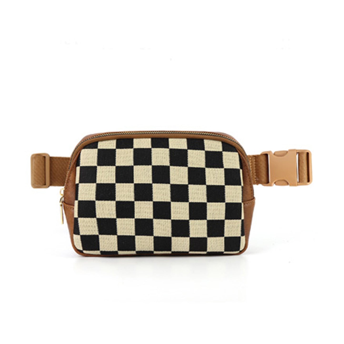 Alva Mixed Media Vegan Leather & Canvas Check Sling Crossbody Belt Bag with Mesh Pockets | Black, Cognac