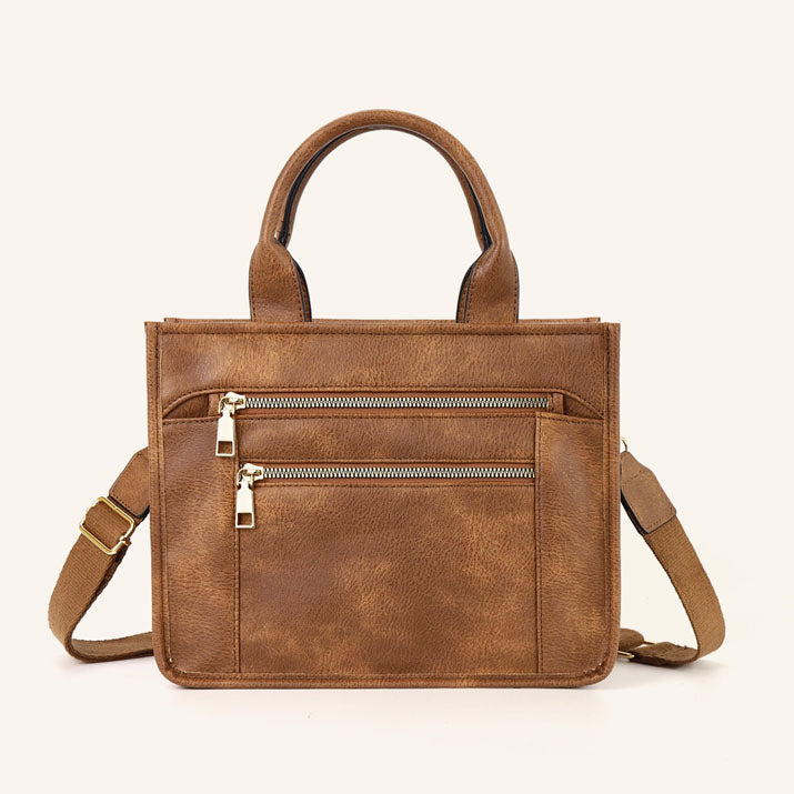 Aili's Corner Jordan Mixed Media Vegan Leather & Canvas Tote Bag with Crossbody Strap & Multiple Pockets | Black, Black Check, Cognac, Cognac Check