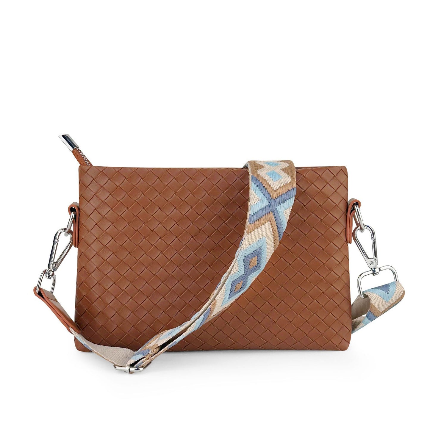 Aili's Corner Kassidy Woven Vegan PU Leather Crossbody Bag with Adjustable Guitar Strap | Black, Cognac, Gray
