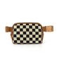 Alva Mixed Media Vegan Leather & Canvas Check Sling Crossbody Belt Bag with Mesh Pockets | Black, Cognac