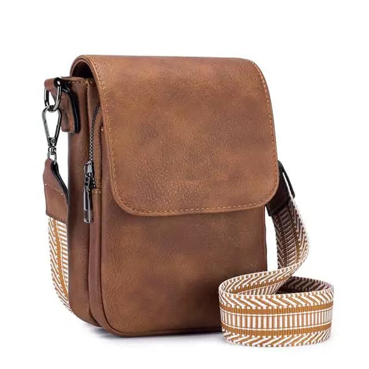 Whitney Vegan PU Leather Foldover Compact Crossbody Bag with Guitar Strap & Card Slots | Black, Cognac, Stone