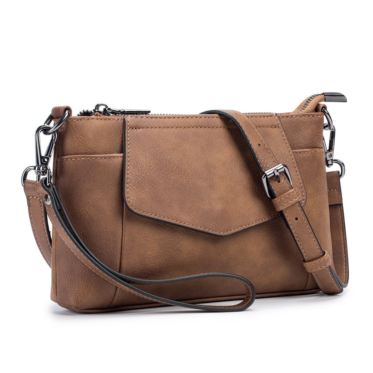 Mayci Convertible Vegan PU Leather Crossbody Clutch with Wristlet, Card Slots & Removable Strap | Black, Cognac, Color Block