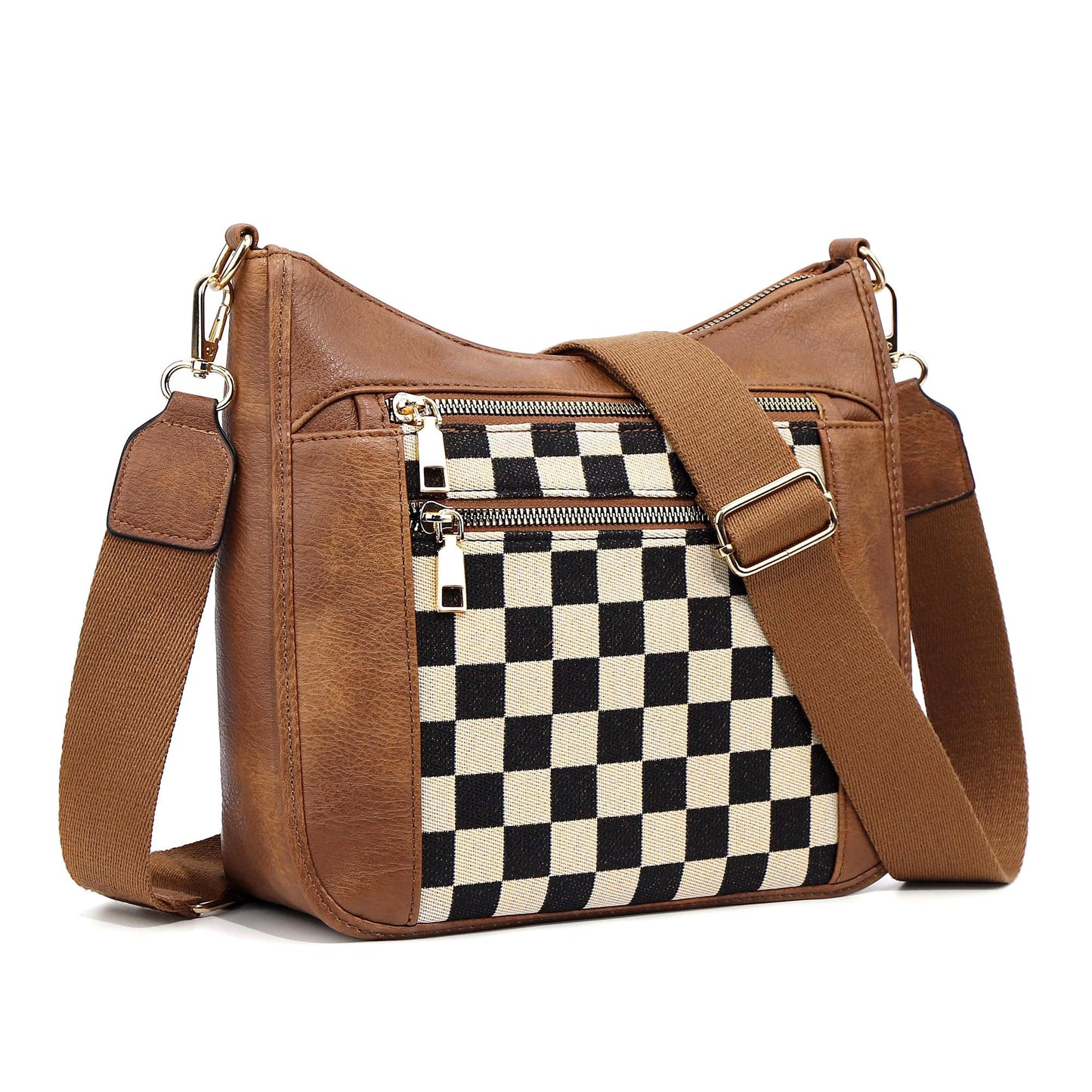 Ashley Mixed Media Vegan Leather & Canvas Checkered Crossbody Bag with Multiple Pockets | Black Check, Cognac Check