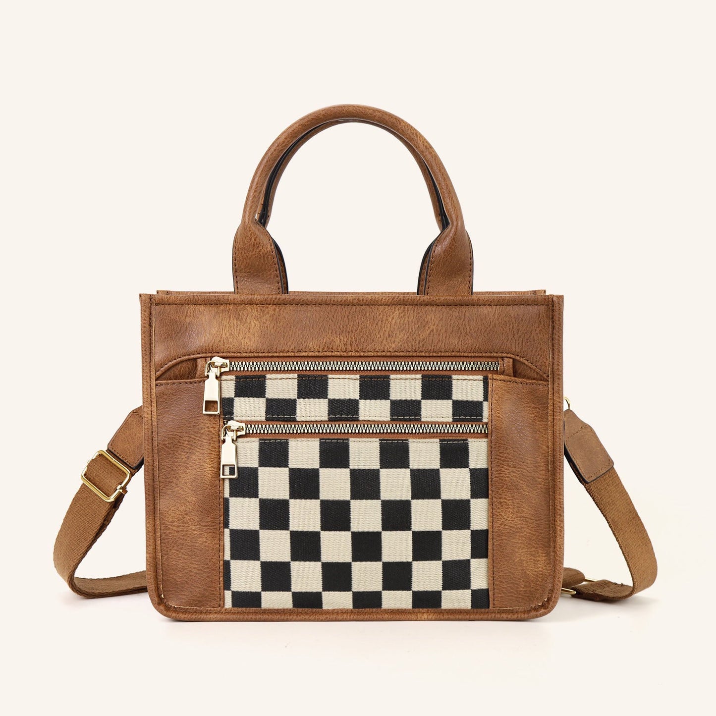 Aili's Corner Jordan Mixed Media Vegan Leather & Canvas Tote Bag with Crossbody Strap & Multiple Pockets | Black, Black Check, Cognac, Cognac Check