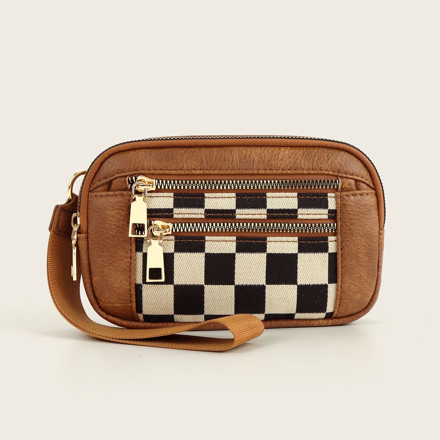 Aili's Corner Blake Mixed Media Vegan Leather & Canvas Check Wallet Pouch with Wristlet & Card Slots | Black Check, Cognac Check