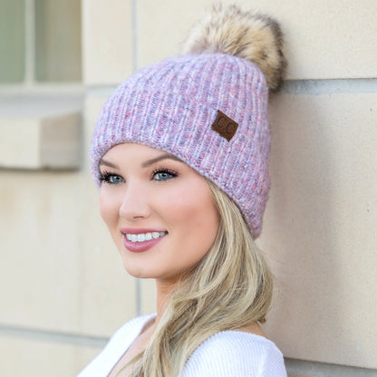 C.C® Acrylic Nylon Cozy Marled Knit Faux Fur Pom Beanie | One Size
