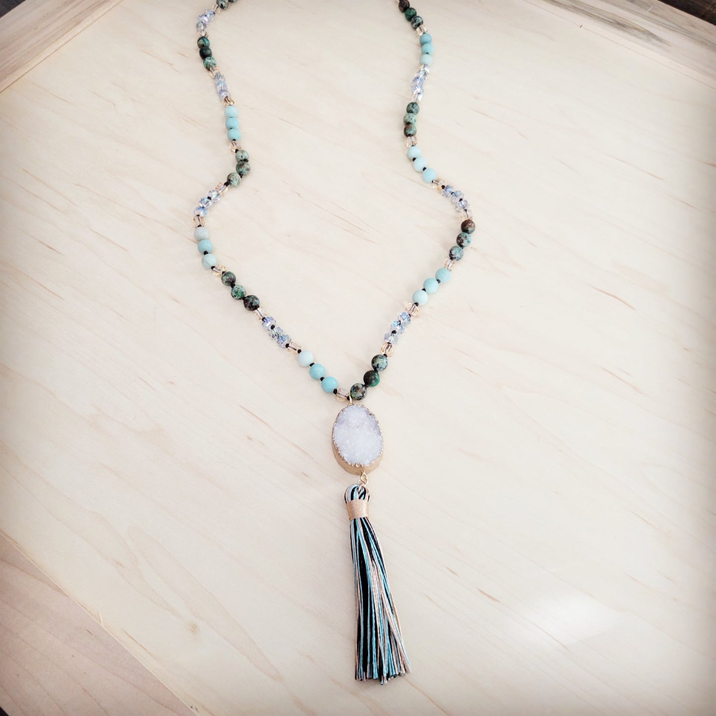 Jewelry Junkie Long Amazonite NJewelry Junkie Necklace with Genuine White Druzy Pendant & Tassel | Amazonite, Crystal & Druzy | 30"