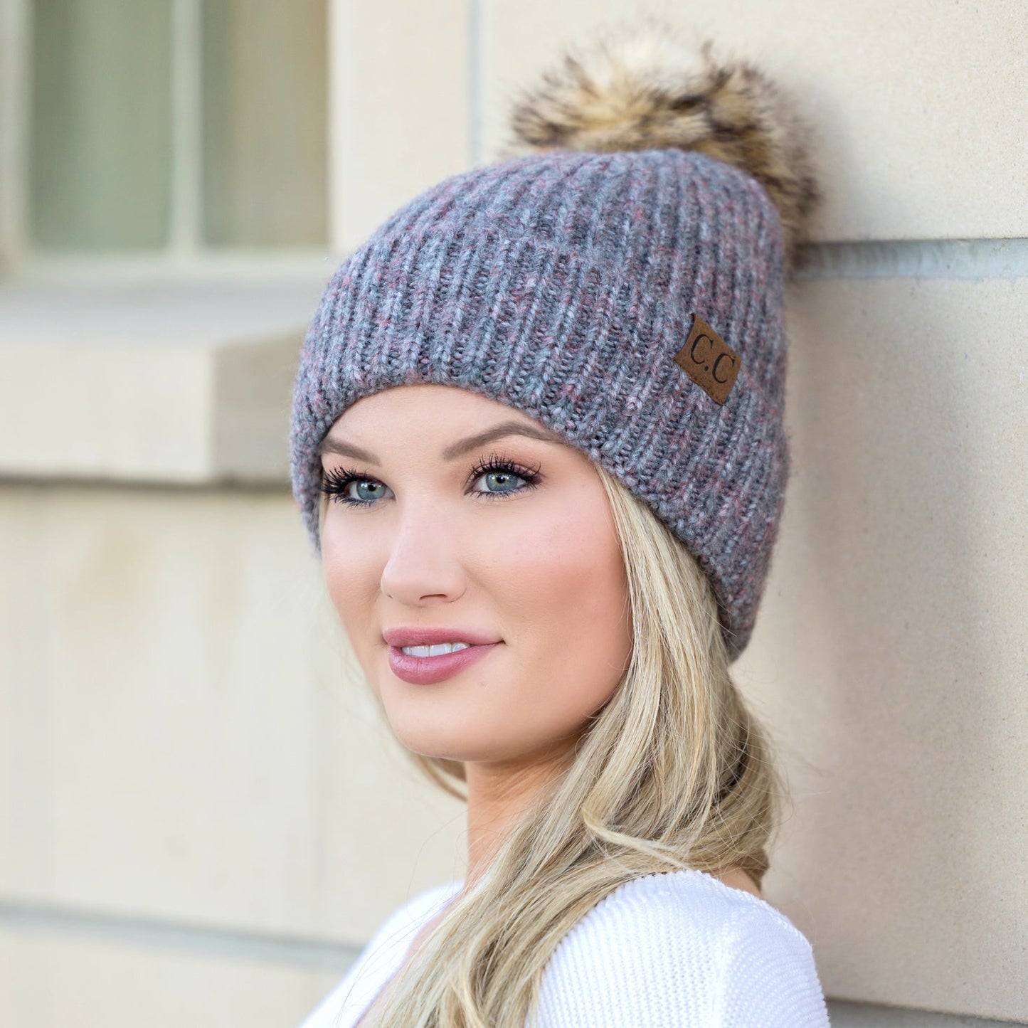 C.C® Acrylic Nylon Cozy Marled Knit Faux Fur Pom Beanie | One Size