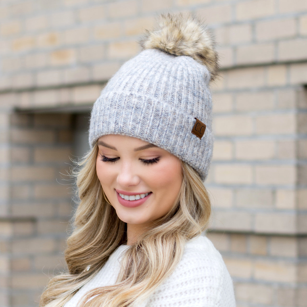 C.C® Acrylic Nylon Cozy Marled Knit Faux Fur Pom Beanie | One Size