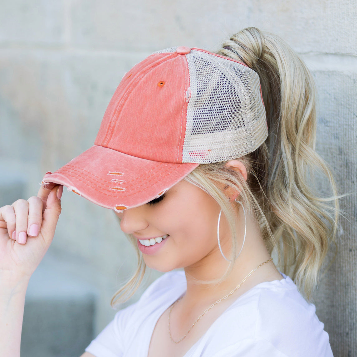 Distressed Cotton Twill Mesh Nylon Messy Bun Ponytail Ball Cap | One Size