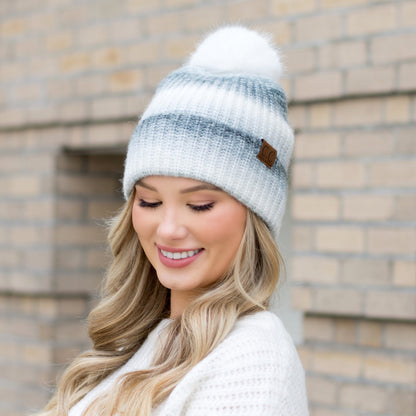 C.C® Acrylic Wool Ombre Knit Faux Fur Pom Beanie | One Size