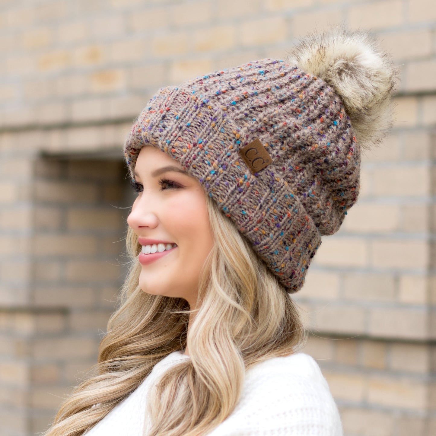 C.C® 100% Soft Spun Acrylic Confetti Faux Fur Pom Beanie | One Size