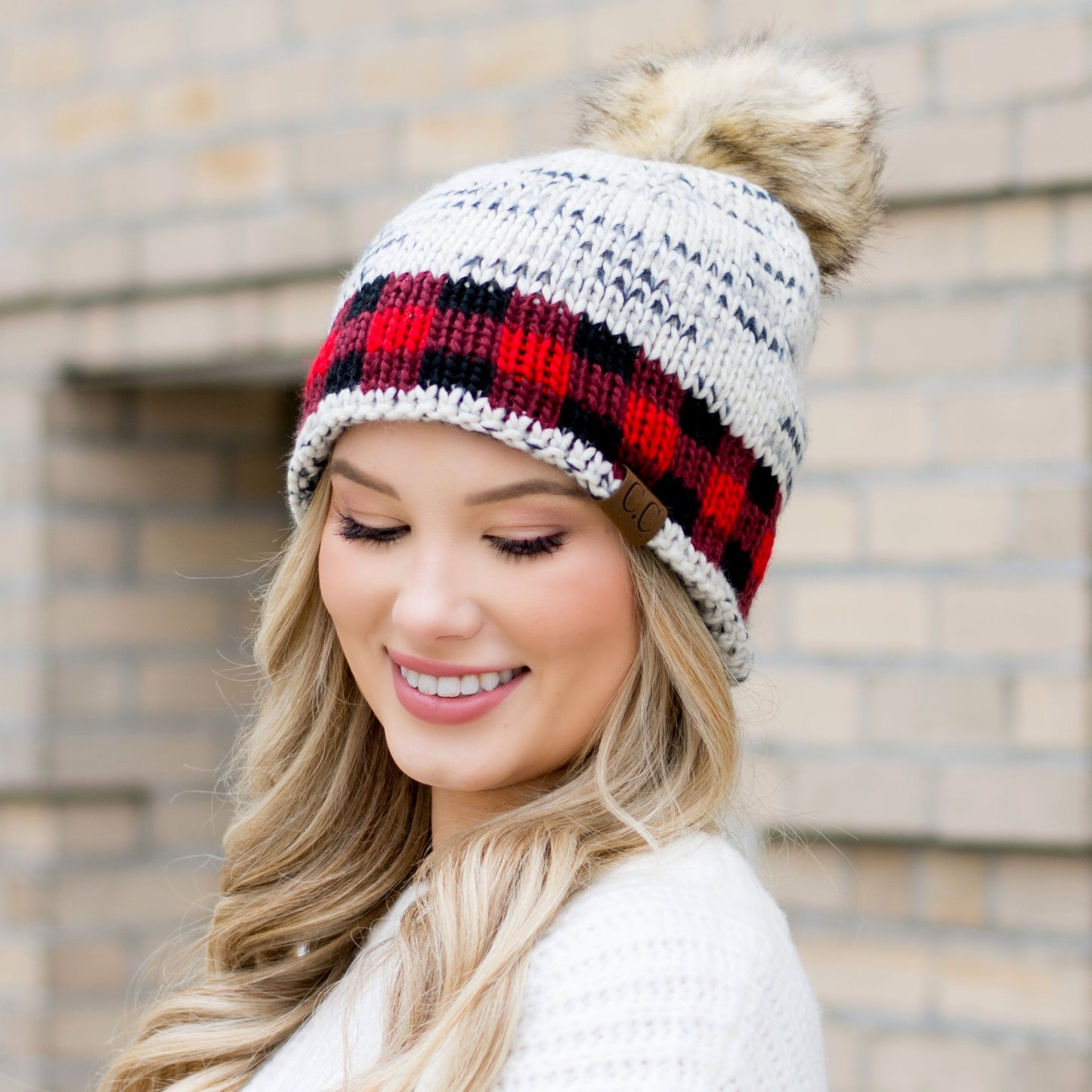 C.C® 100% Soft-Spun Acrylic Buffalo Print Slouchy Knit Faux Fur Pom Beanie | One Size