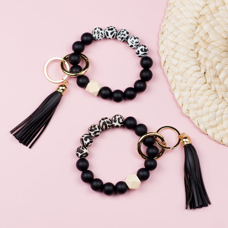 Silicone Cow & Leopard Print Gold Accent Bead Suede Tassel Stretchy Key Ring Bracelet | 4"