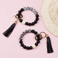 Silicone Cow & Leopard Print Gold Accent Bead Suede Tassel Stretchy Key Ring Bracelet | 4"
