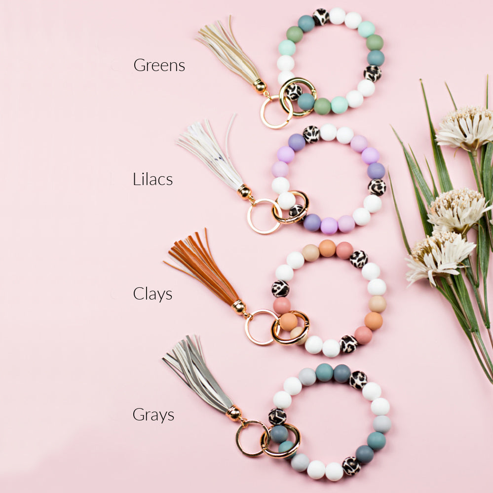 Luxe Silicone Bead Leopard Accent Monochromatic Stretchy Key Ring Bracelet with Suede Tassel | 4"