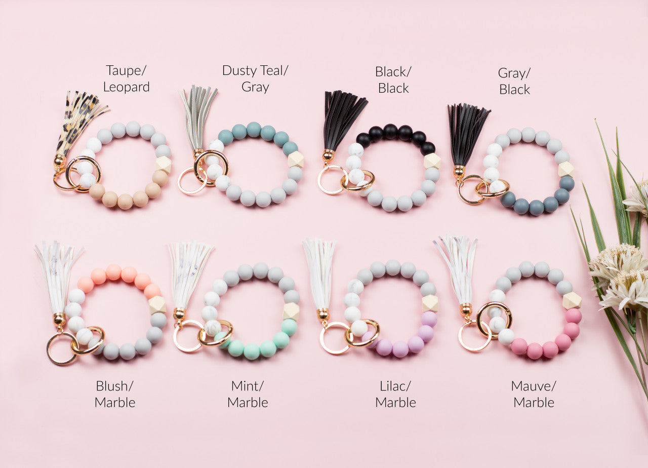 Silicone Color Block PU Leather Wood Geo Bead Stretchy Gold Hardware Key Ring Bracelet | 4"