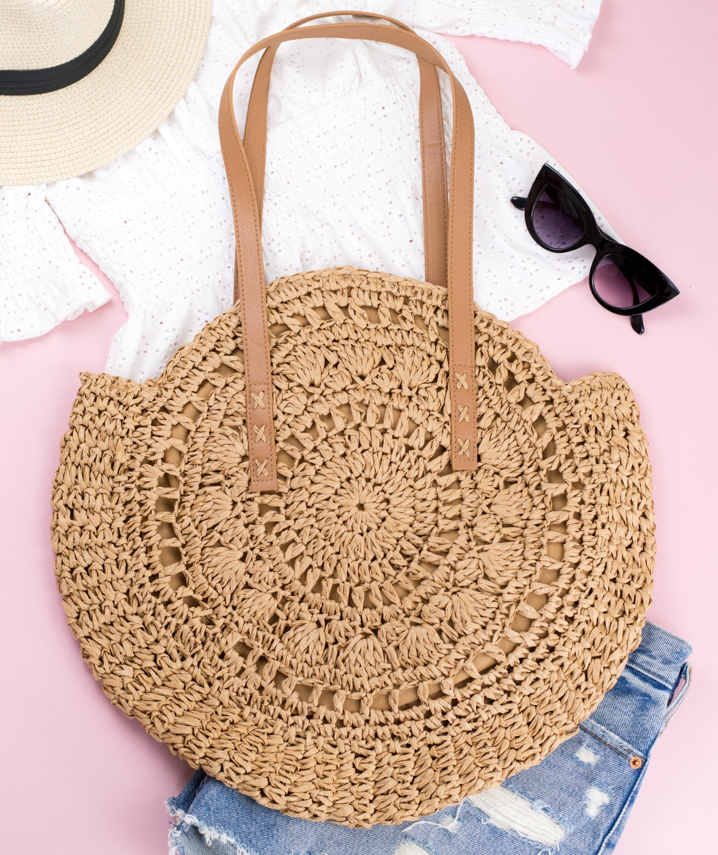 100% Straw Paper Exterior Cotton Lined PU Leather Strap Crochet Detail Circle Tote | 18" x 16.25"