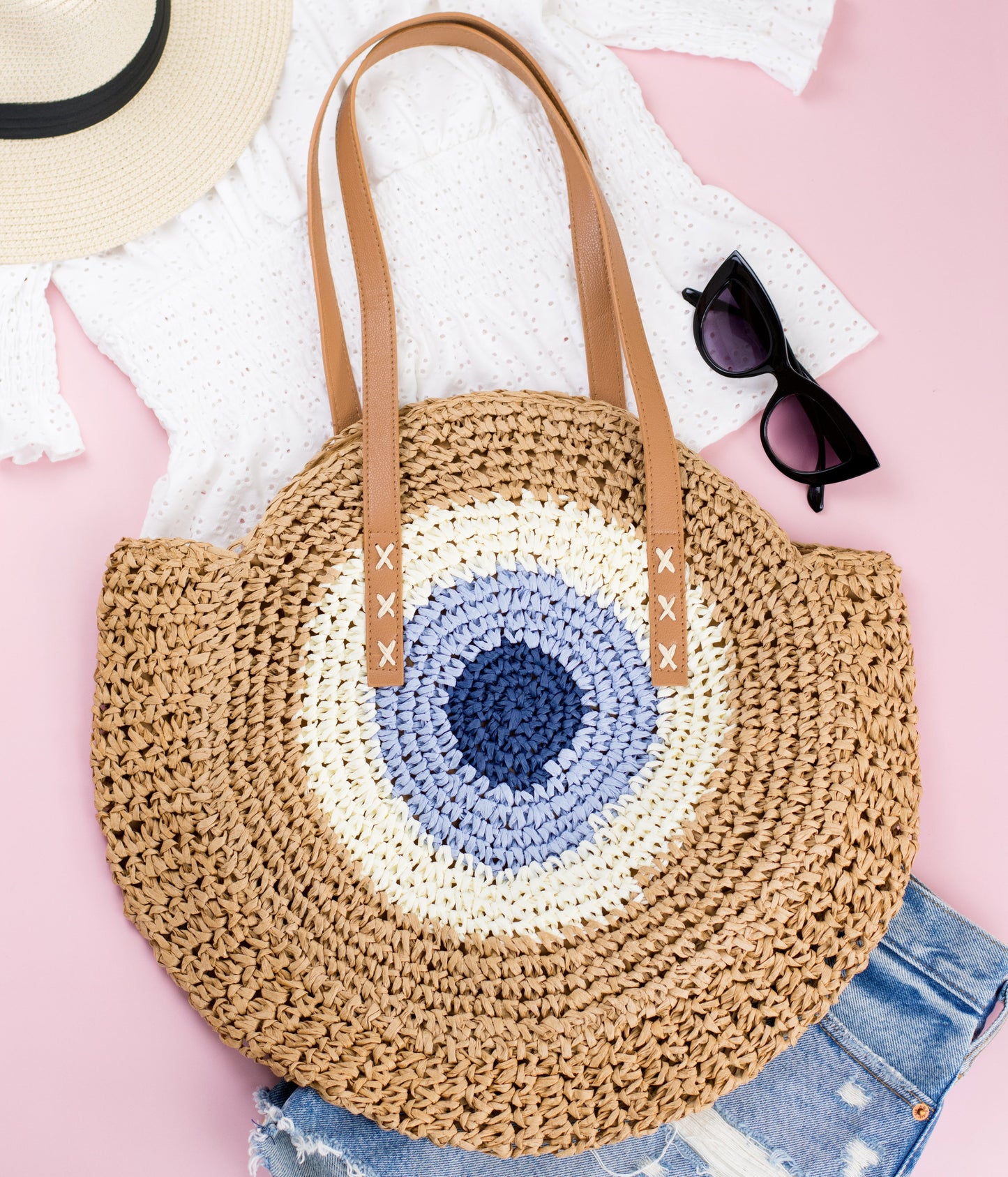 100% Straw Paper Exterior Cotton Lined PU Leather Strap Crochet Detail Circle Tote | 18" x 16.25"