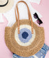 100% Straw Paper Exterior Cotton Lined PU Leather Strap Crochet Detail Circle Tote | 18" x 16.25"