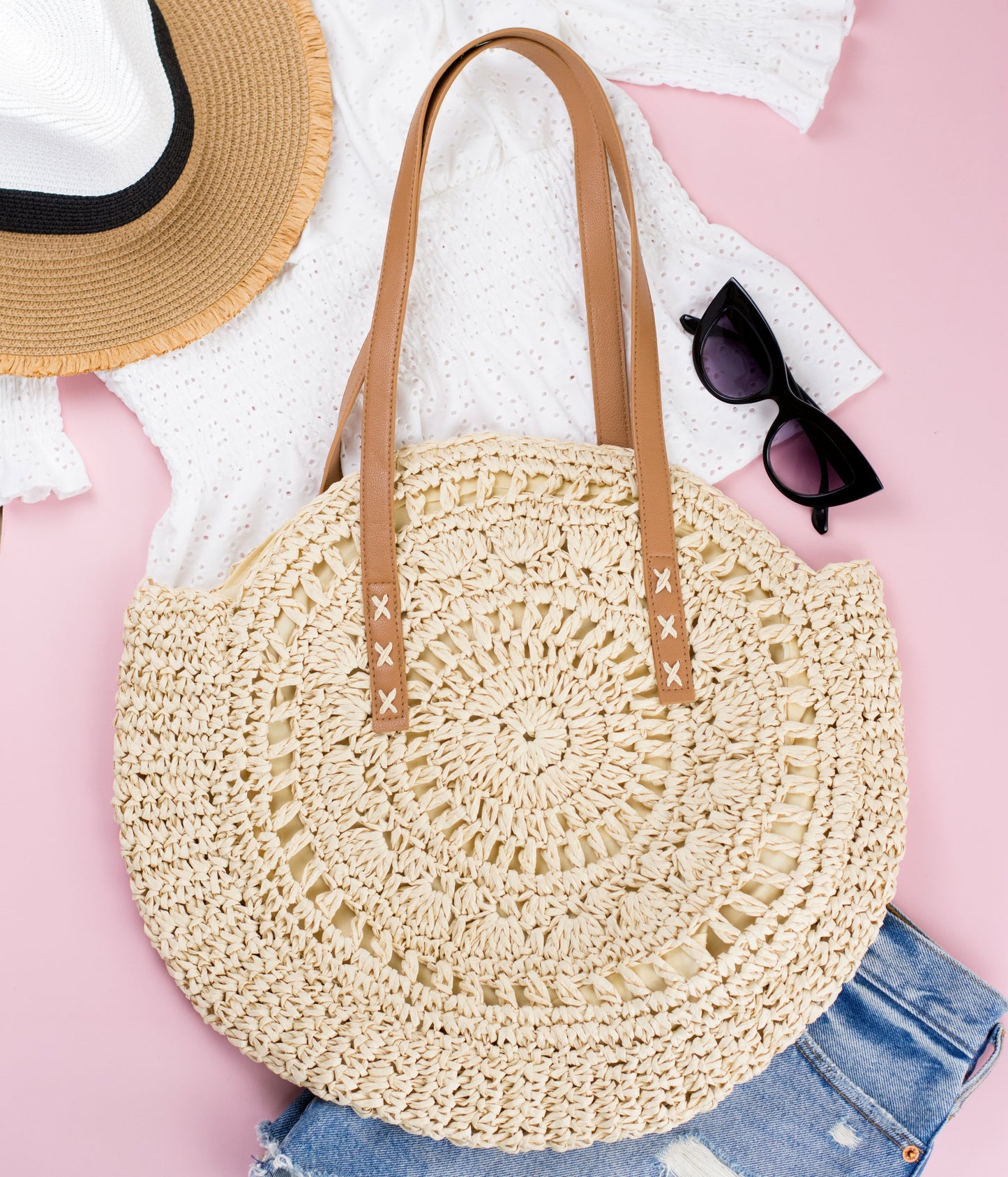 100% Straw Paper Exterior Cotton Lined PU Leather Strap Crochet Detail Circle Tote | 18" x 16.25"