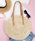 100% Straw Paper Exterior Cotton Lined PU Leather Strap Crochet Detail Circle Tote | 18" x 16.25"