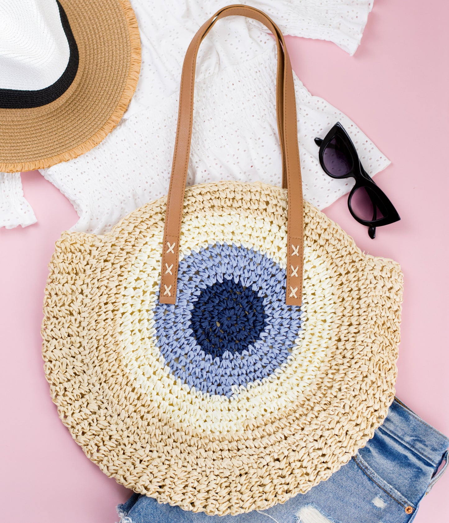 100% Straw Paper Exterior Cotton Lined PU Leather Strap Crochet Detail Circle Tote | 18" x 16.25"