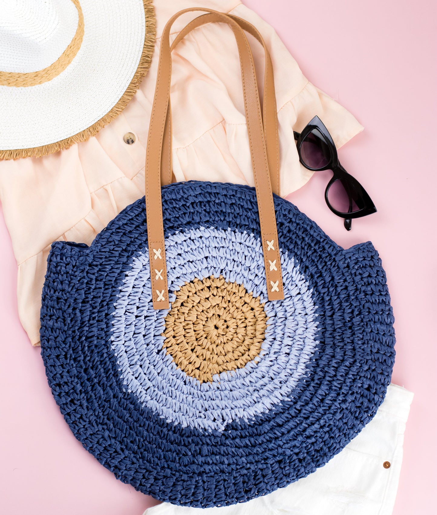 100% Straw Paper Exterior Cotton Lined PU Leather Strap Crochet Detail Circle Tote | 18" x 16.25"