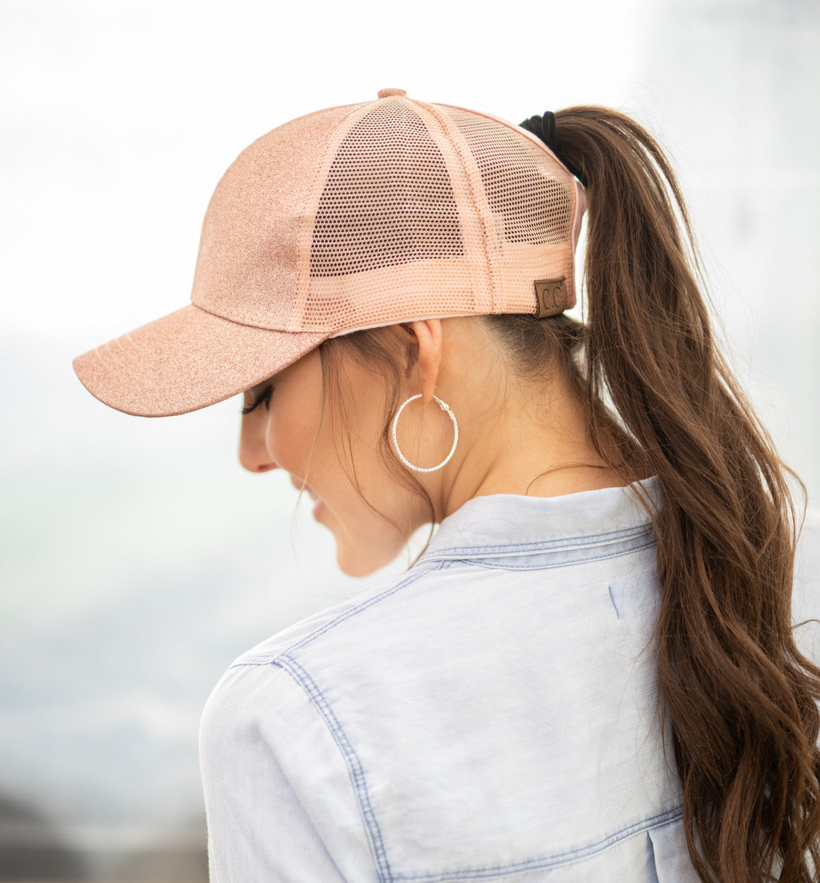 C.C® Glitter Polyester Brim Mesh Nylon Back Adjustable Messy Bun Ponytail Ball Cap | One Size Teen–Adult