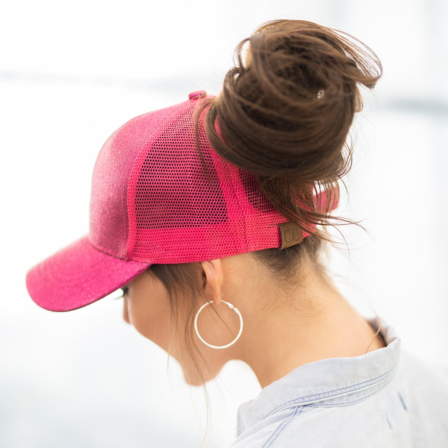 C.C® Glitter Polyester Brim Mesh Nylon Back Adjustable Messy Bun Ponytail Ball Cap | One Size Teen–Adult