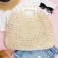 100% Straw Exterior Cotton Poly Lined Woven Oversized Tote Bag with Wood Handles | 17.5" x 15"