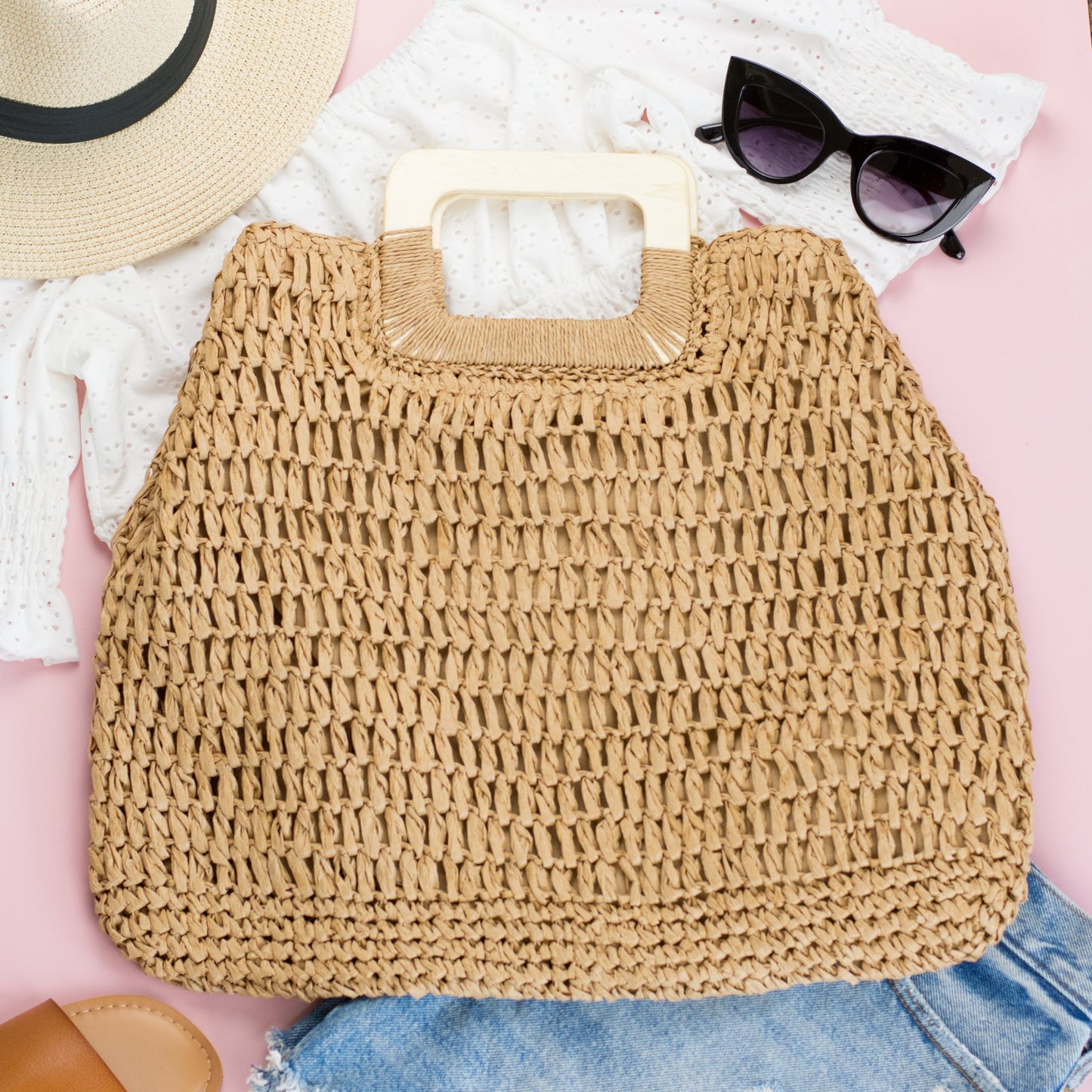 100% Straw Exterior Cotton Poly Lined Woven Oversized Tote Bag with Wood Handles | 17.5" x 15"