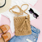 100% Straw Exterior Cotton Poly Lined Wood Bead Tassel Accent Fixed Woven Strap Crossbody Bag | 8" x 9"