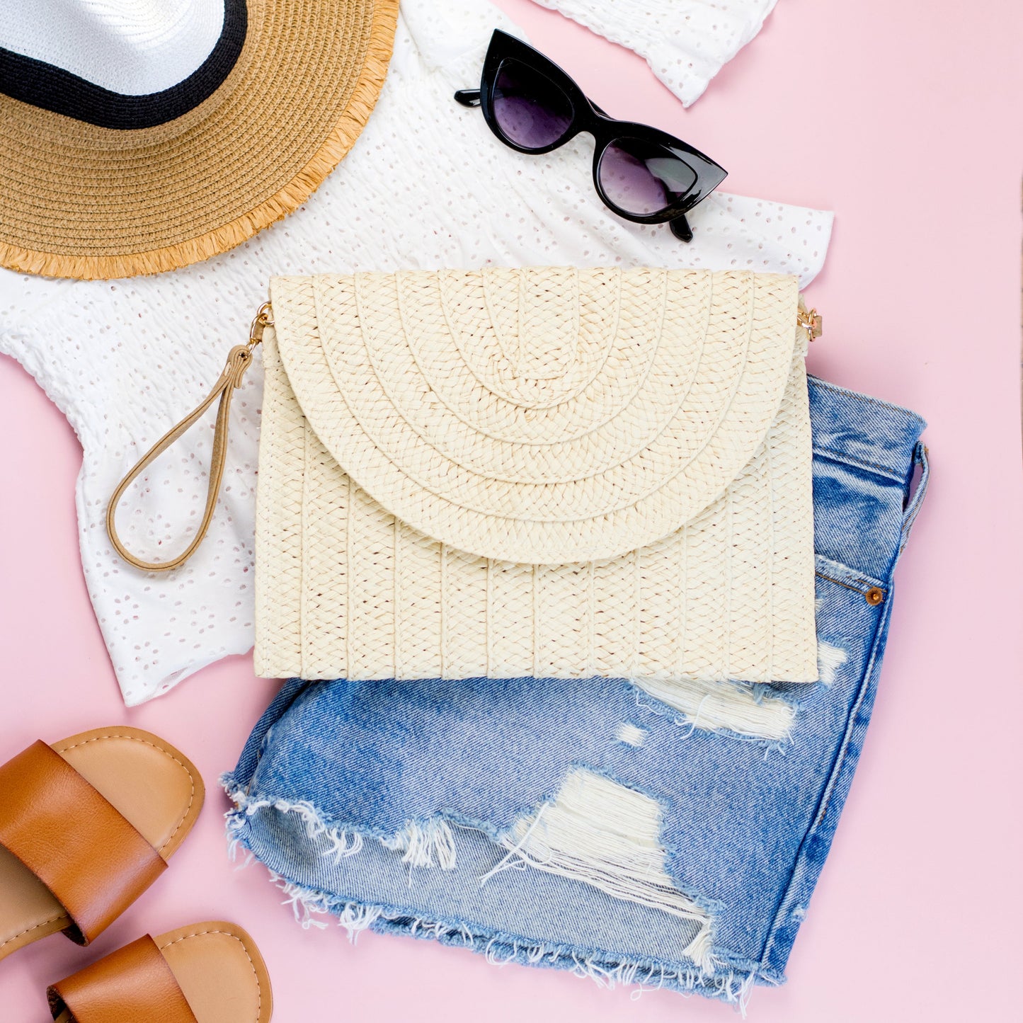 Woven Straw Exterior 30% Cotton 70% Polyester Lined Fold-Over Convertible Wristlet Crossbody Clutch | 8" x 11"