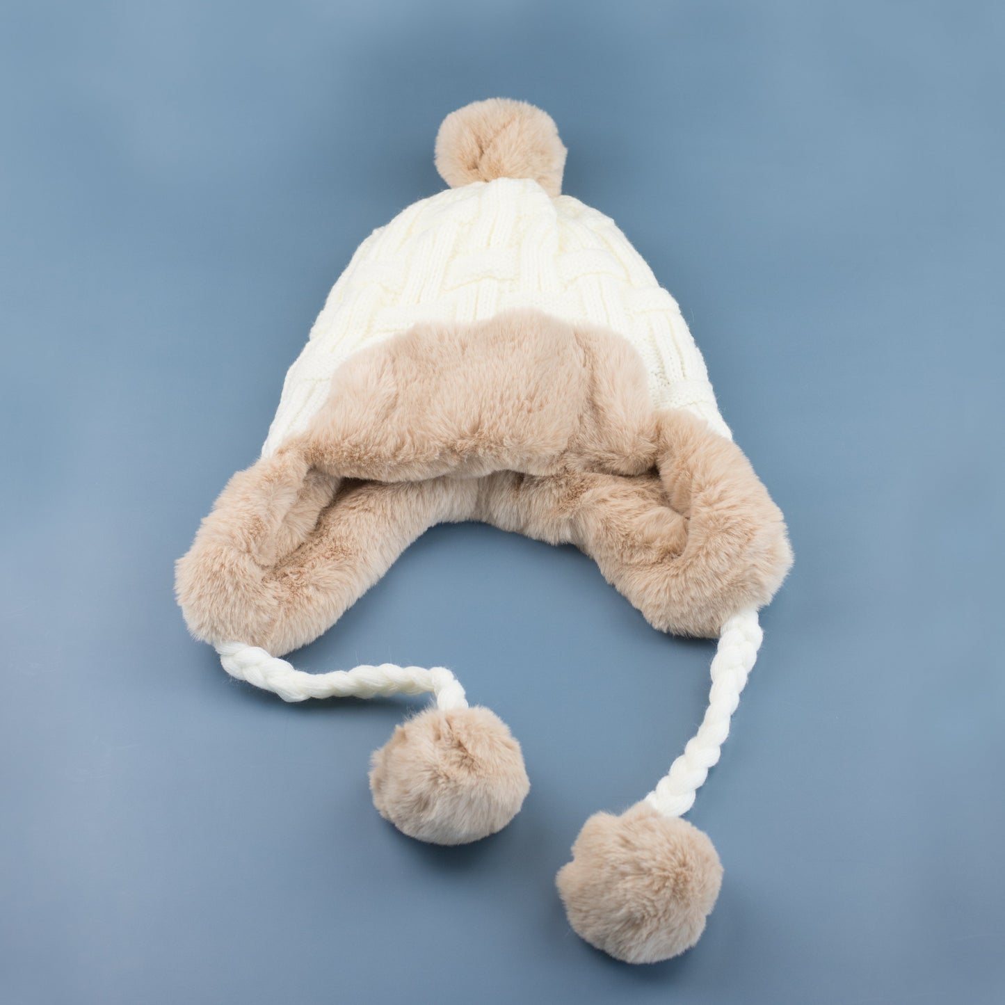 70% Polyester 30% Cotton Cable Weave Faux Fur Pom Braided Accent Trapper Hat | One Size