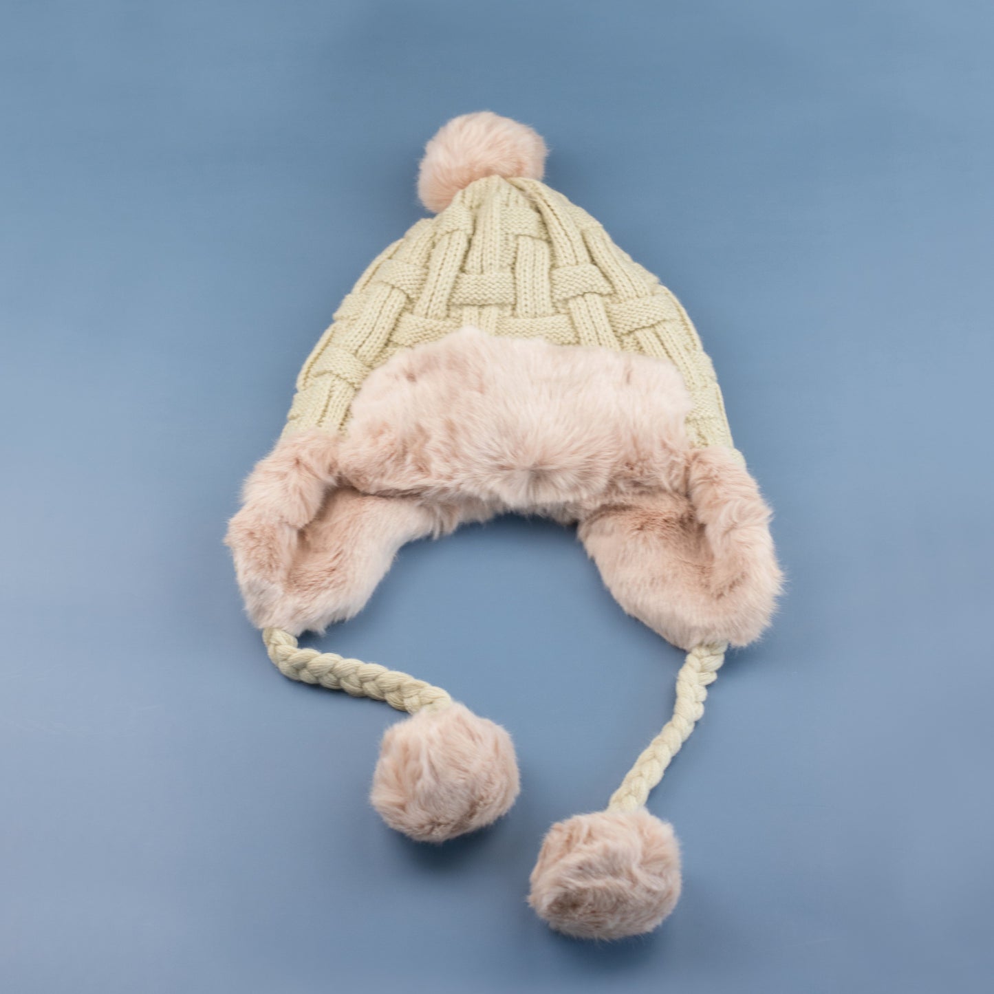 70% Polyester 30% Cotton Cable Weave Faux Fur Pom Braided Accent Trapper Hat | One Size