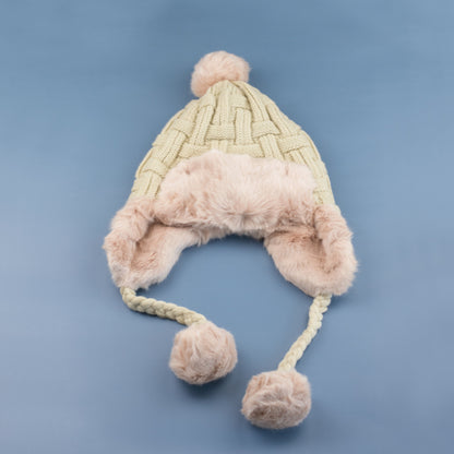 70% Polyester 30% Cotton Cable Weave Faux Fur Pom Braided Accent Trapper Hat | One Size