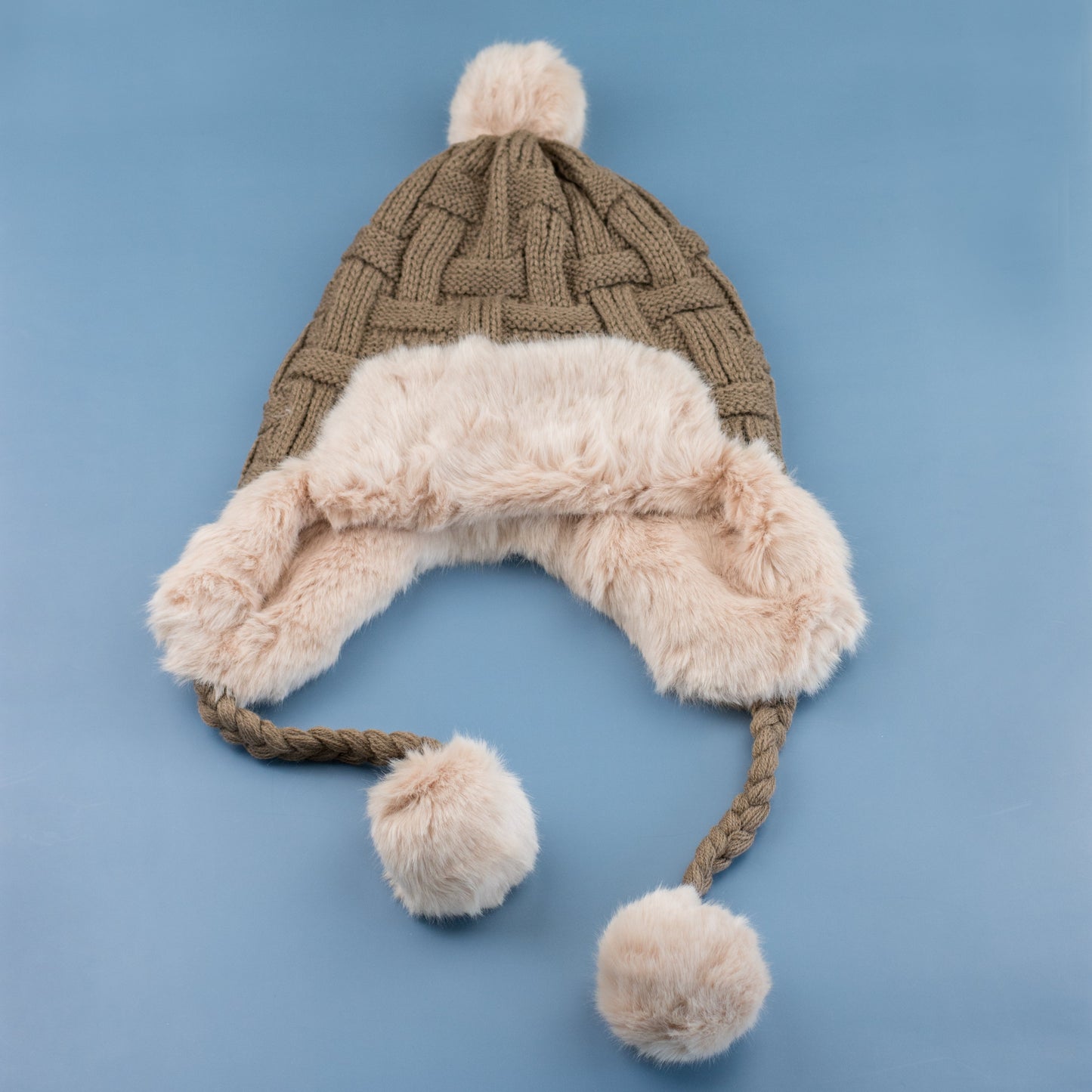 70% Polyester 30% Cotton Cable Weave Faux Fur Pom Braided Accent Trapper Hat | One Size