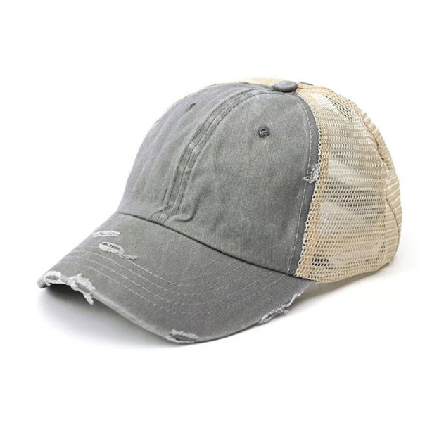Distressed Cotton Twill Mesh Nylon Messy Bun Ponytail Ball Cap | One Size