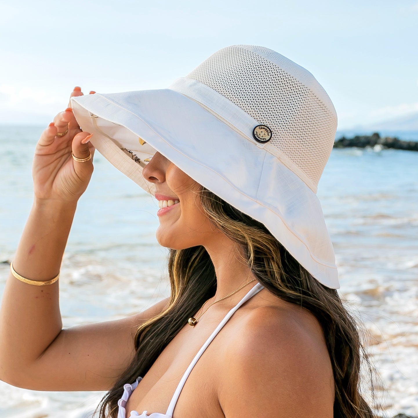 100% Polyester Floral Lined Foldable Button Accent Cargo Wide Brim Sun Hat | One Size