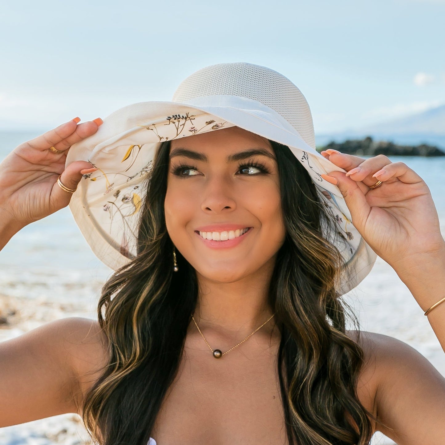 100% Polyester Floral Lined Foldable Button Accent Cargo Wide Brim Sun Hat | One Size