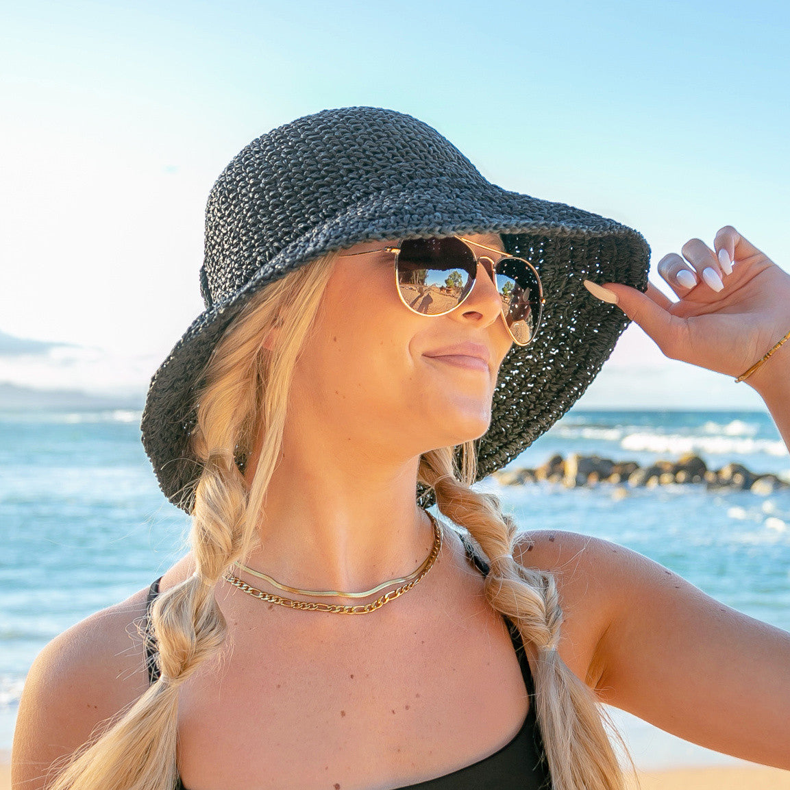 100% Straw Woven Foldable Bow Accent Wire Brim Wide Brim Sun Hat | One Size